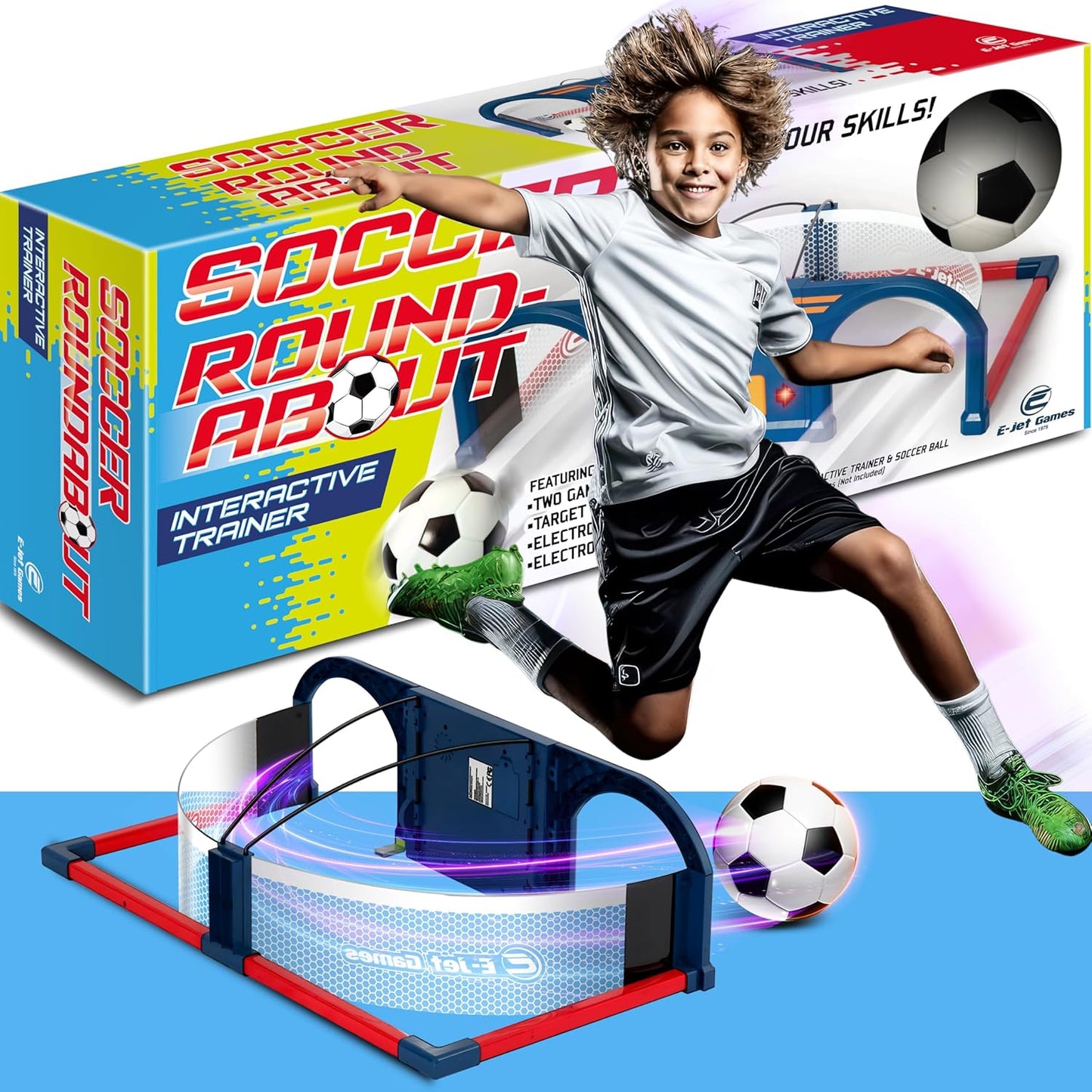 E-Jet Games Soccer Arcade Interactive Trainer Set front view showing LED targets and electronic scoreboard.
