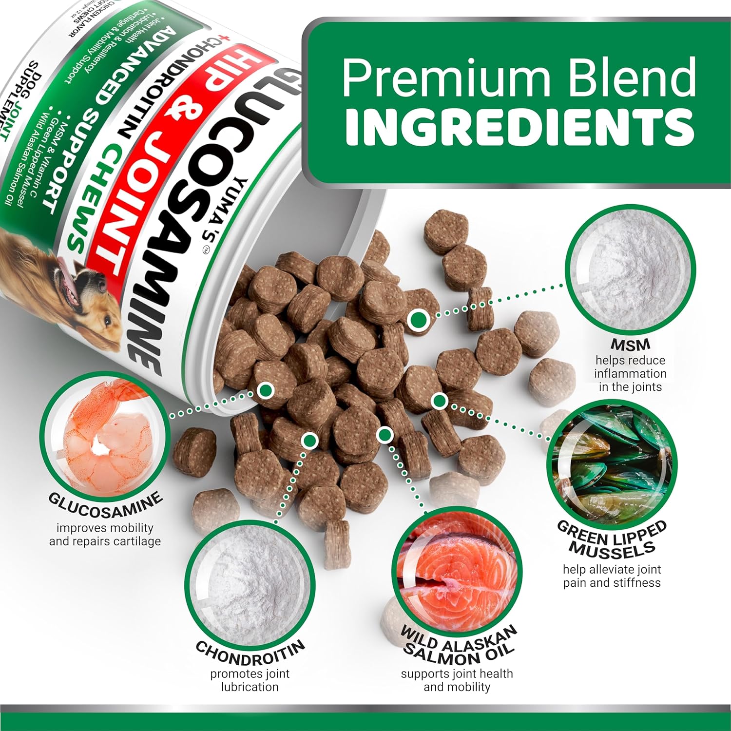 USA imported YUMA'S dog mobility supplement showing chicken flavor graphics.