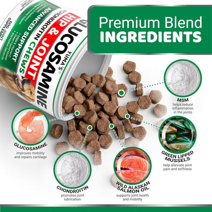 USA imported YUMA'S dog mobility supplement showing chicken flavor graphics.