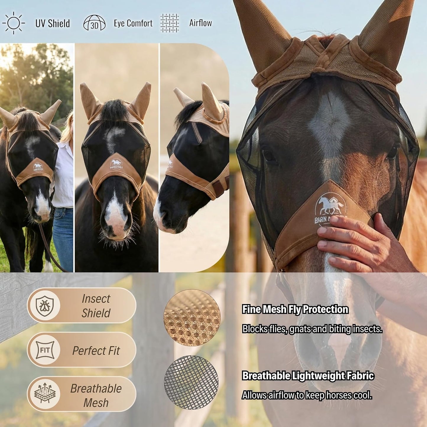 Side view of Barn and Stable horse fly mask with fleece trim