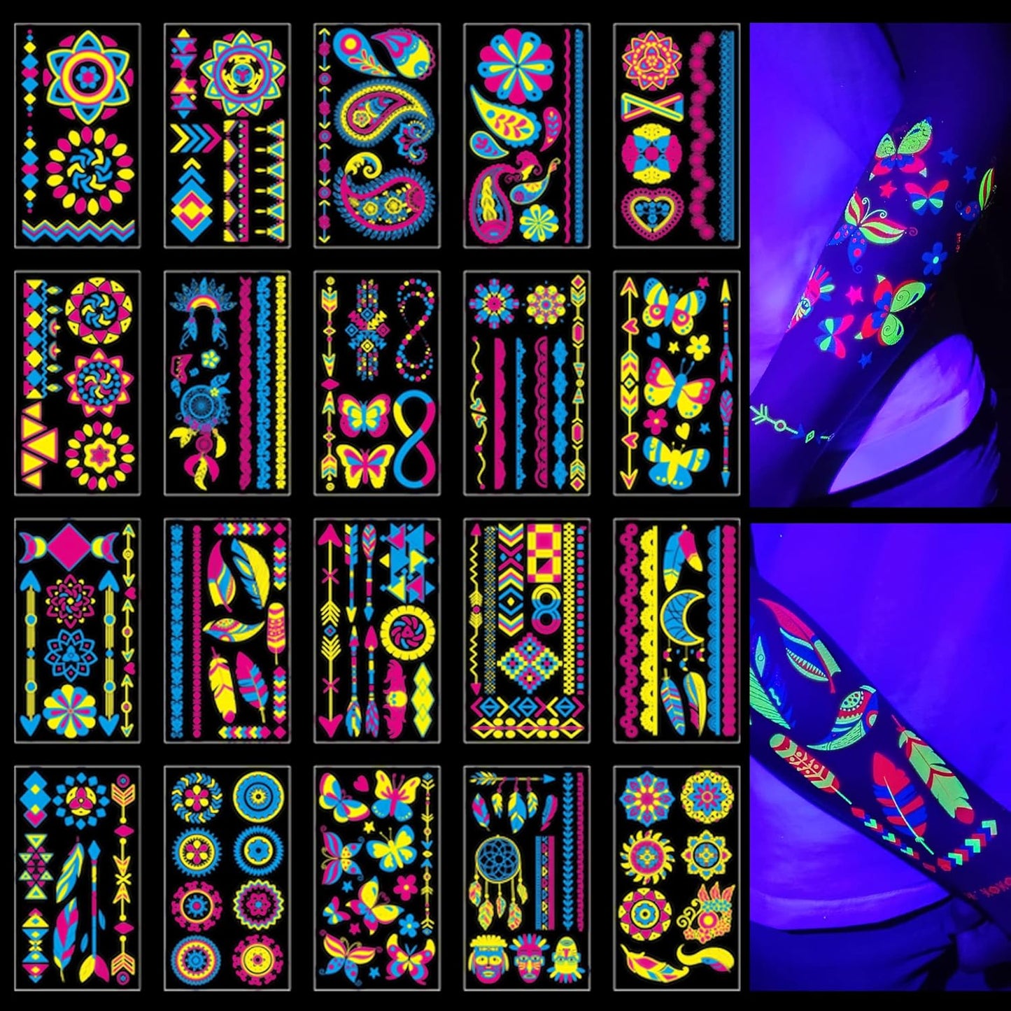 Tatuwst glow in the dark temporary tattoos 172 pieces front view