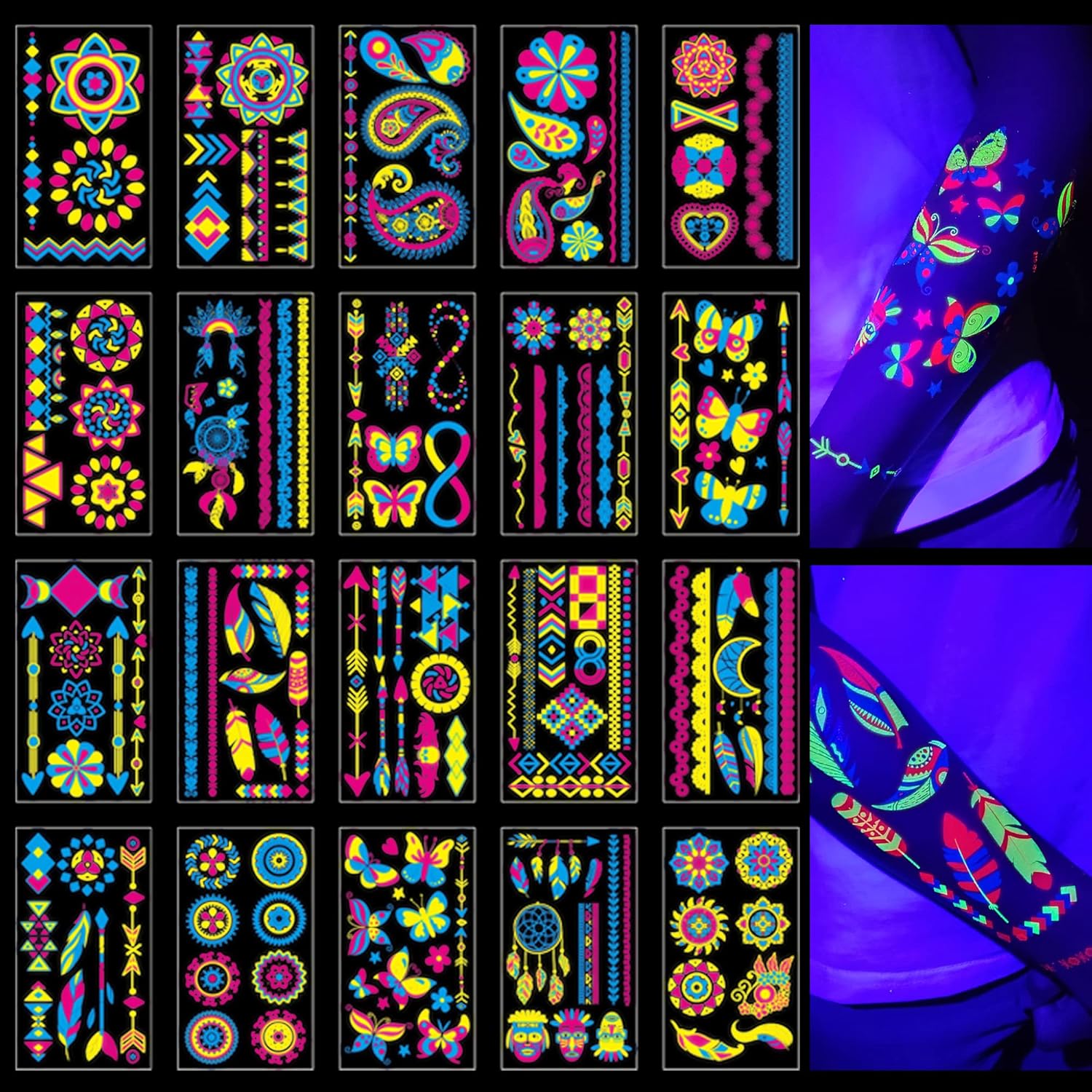 Tatuwst glow in the dark temporary tattoos 172 pieces front view