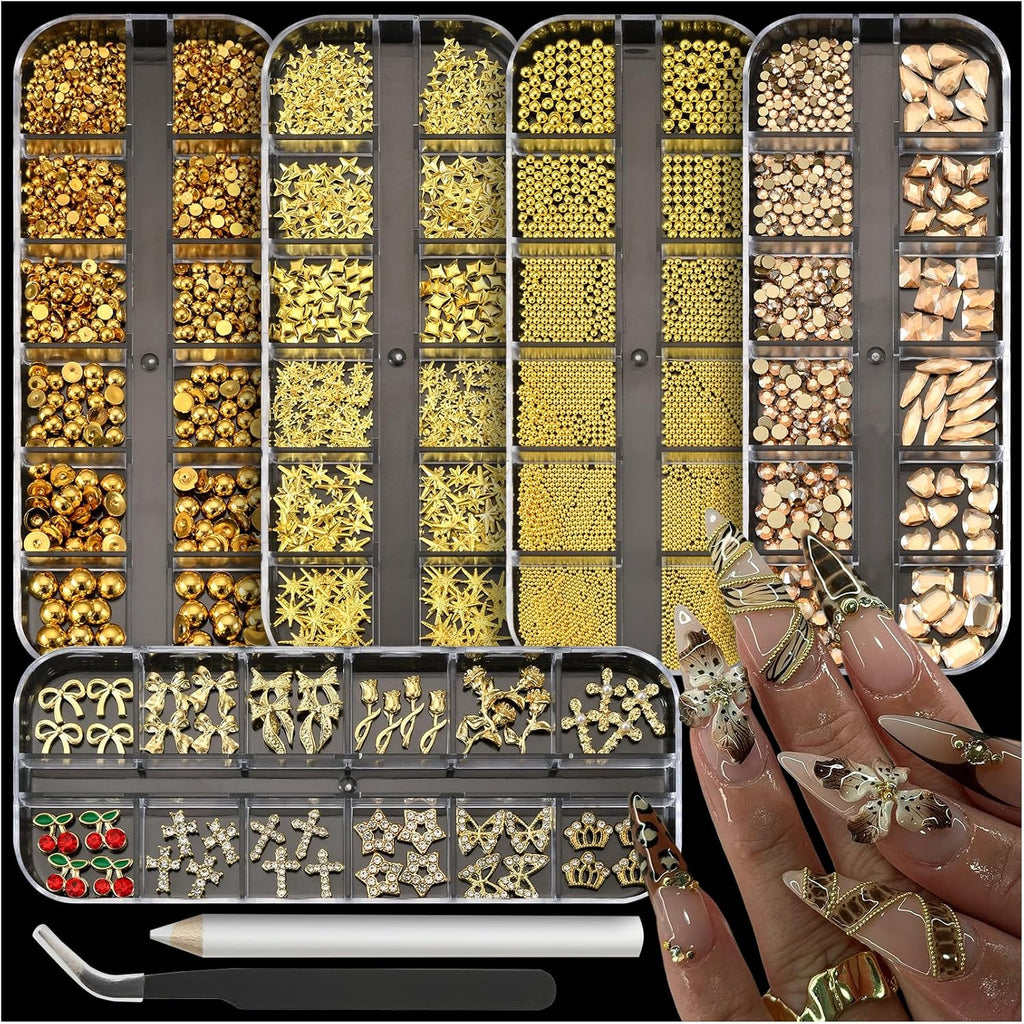 Umillars gold nail charms and gems kit front view with five storage boxes