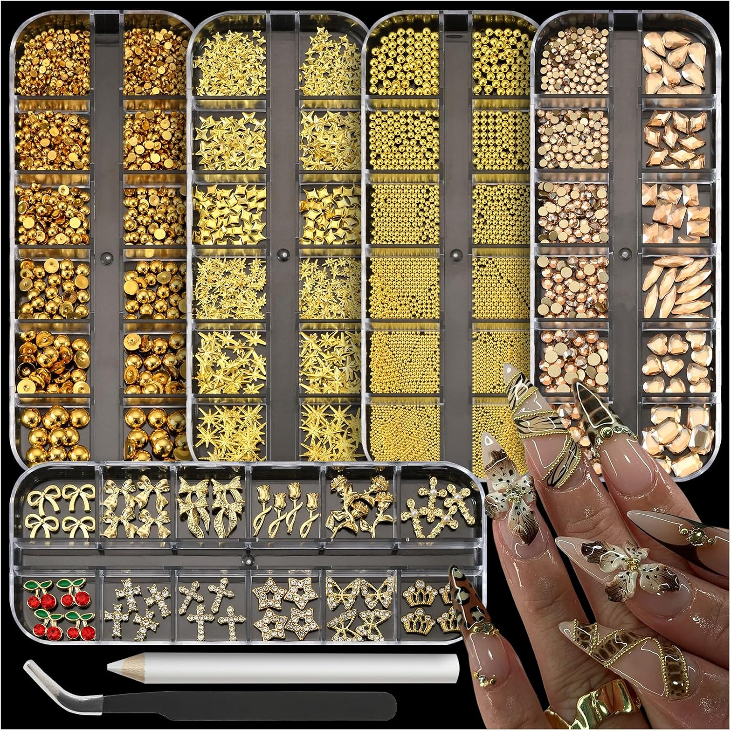 Umillars gold nail charms and gems 5 box set front view