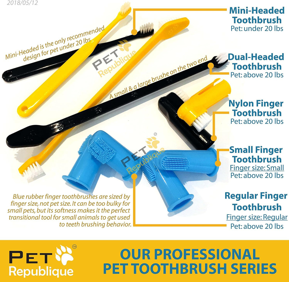 Pet Republique dual-headed pet toothbrushes laid out to show the complete six-piece set