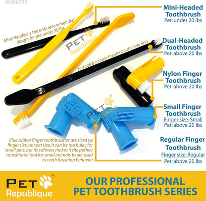 Pet Republique dual-headed pet toothbrushes laid out to show the complete six-piece set