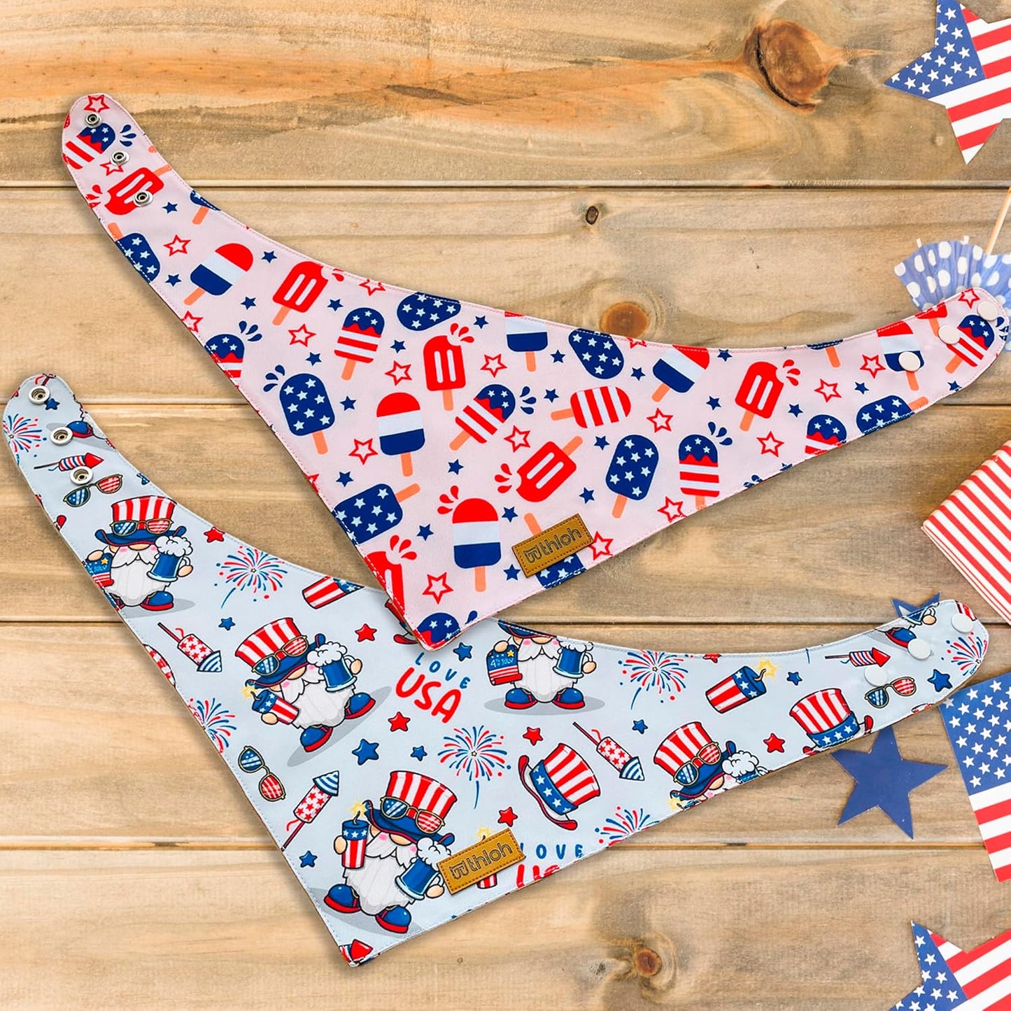 Side view of dog wearing large patriotic bandana