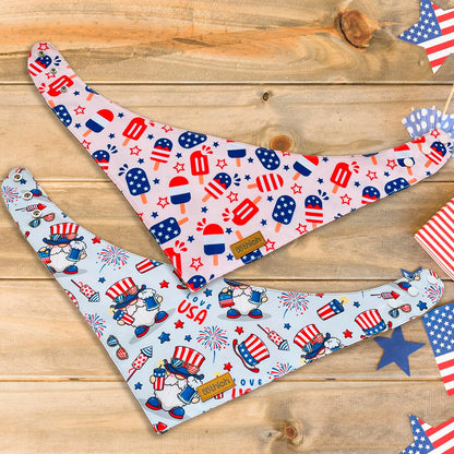 Side view of dog wearing large patriotic bandana