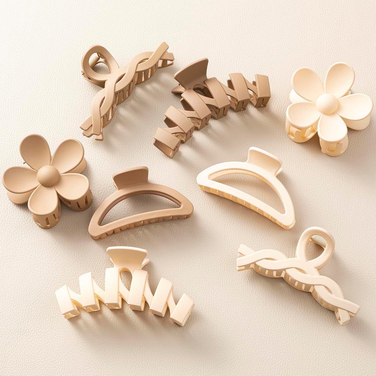Sunolga flower hair claw clips front view showcasing the eight piece neutral color collection