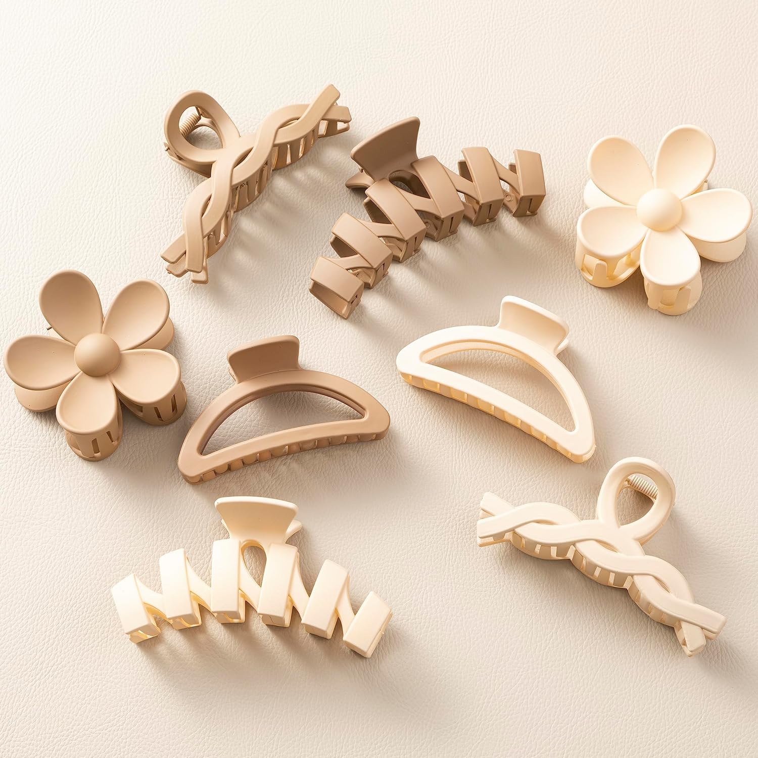 Sunolga flower hair claw clips front view showcasing the eight piece neutral color collection