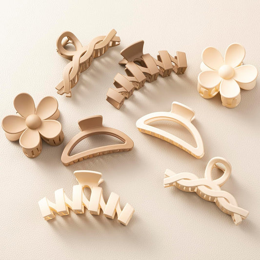 Sunolga flower hair claw clips front view showcasing the eight piece neutral color collection