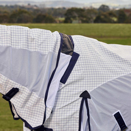 Rear view of the three piece full wrap tail flap on the WeatherBeeta Airstream protection rug