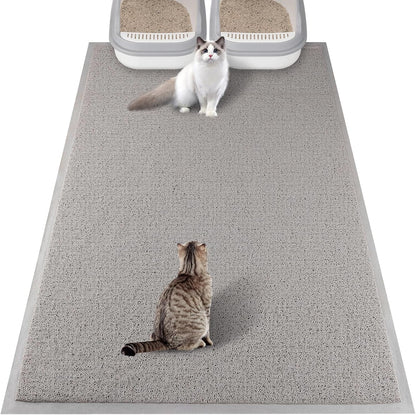 A domestic cat comfortably walking across the protective gray floor mat.