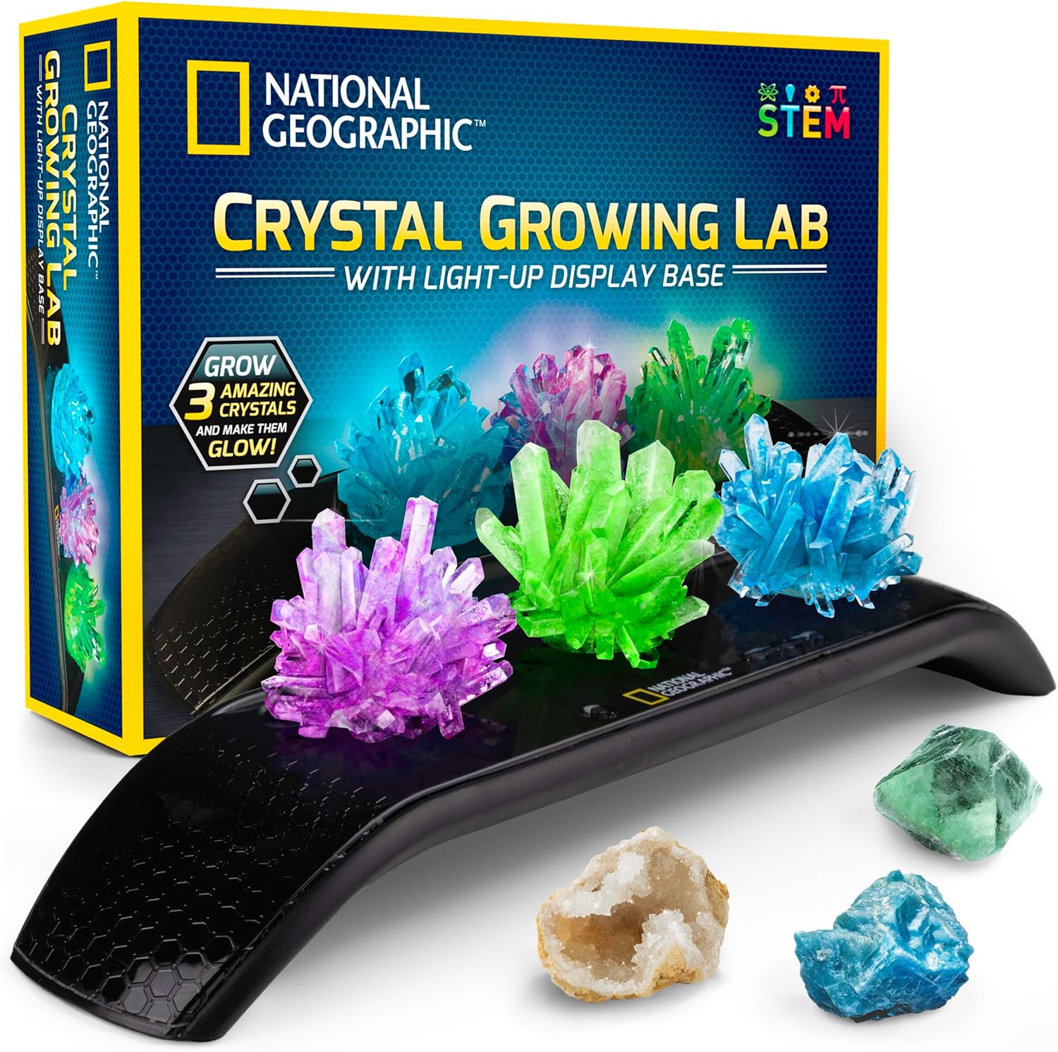 National Geographic Crystal Growing Kit - 3 Vibrant Colored Crystals to Grow with Light-Up Display Stand, Science Toy for Girls and Boys Ages 8-12, Includes 3 Gems, Cool STEM Gift (Amazon Exclusive) - Image 1