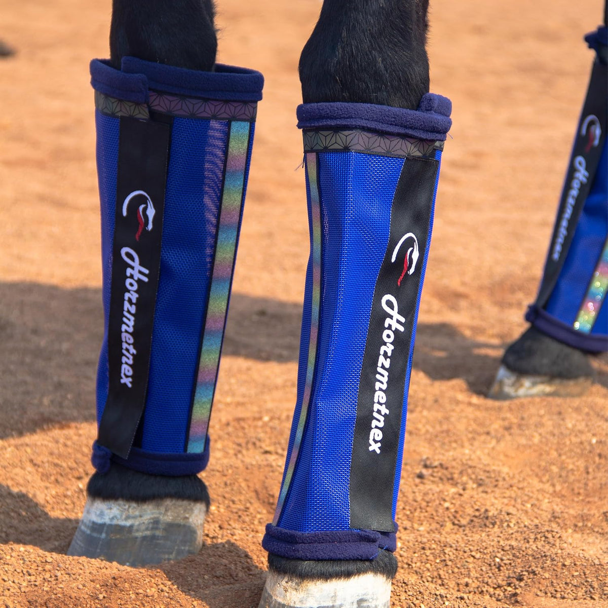 Horzmetnex loose fitting horse fly boots royal blue large front view showing durable mesh structure.