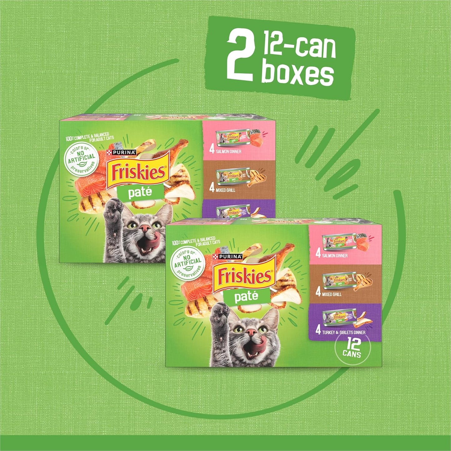 Two packs of twelve Purina Friskies wet cat food cans