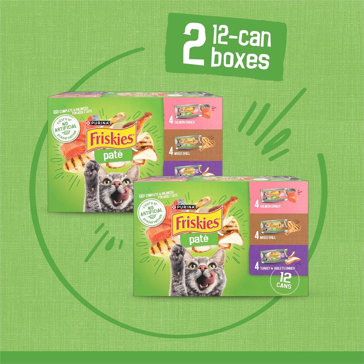 Two packs of twelve Purina Friskies wet cat food cans