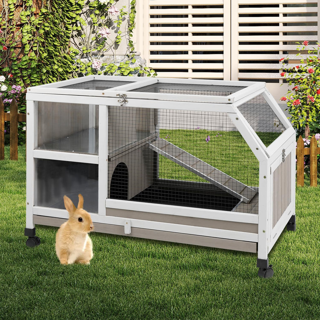 36''L Rabbit Hutch Outdoor with Casters and Run, Wooden Indoor 2 Story Guinea Pig Cage with Divider Panel, Pull Out Tray, Rabbit Duck Bunny House for Small to Medium Animals and Pet Lover, Gray - Image 1