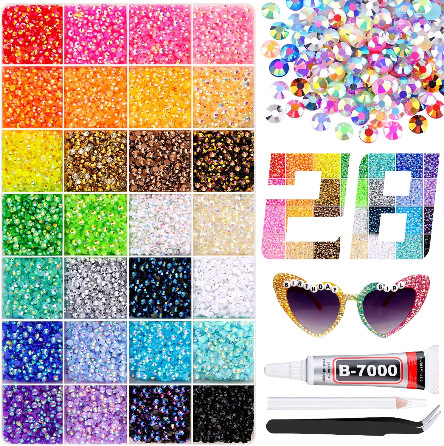 Belleboost 34000 pieces resin rhinestones kit with B7000 glue front view