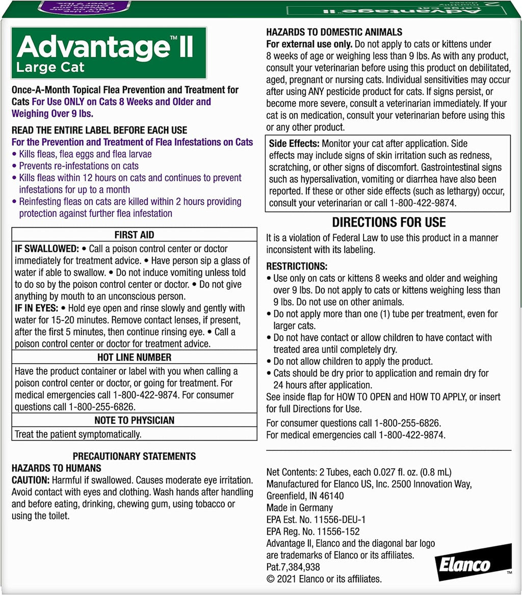Back view of Advantage II Large Cat topical flea prevention box with ingredient details and instructions.
