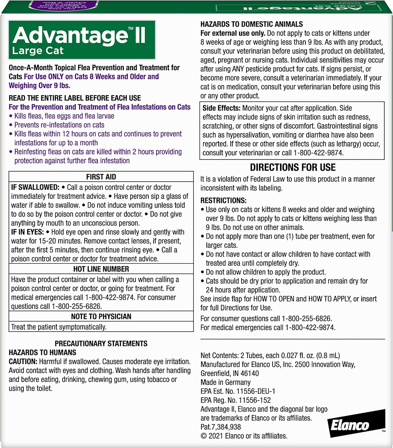Back view of Advantage II Large Cat topical flea prevention box with ingredient details and instructions.