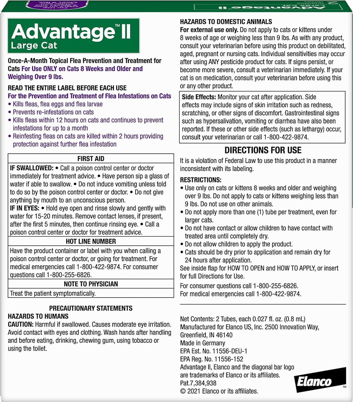 Back view of Advantage II Large Cat topical flea prevention box with ingredient details and instructions.