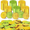 Vicroic St Patricks Day Shamrock Coins front view of gold and green plastic tokens showing embossed four leaf clover design