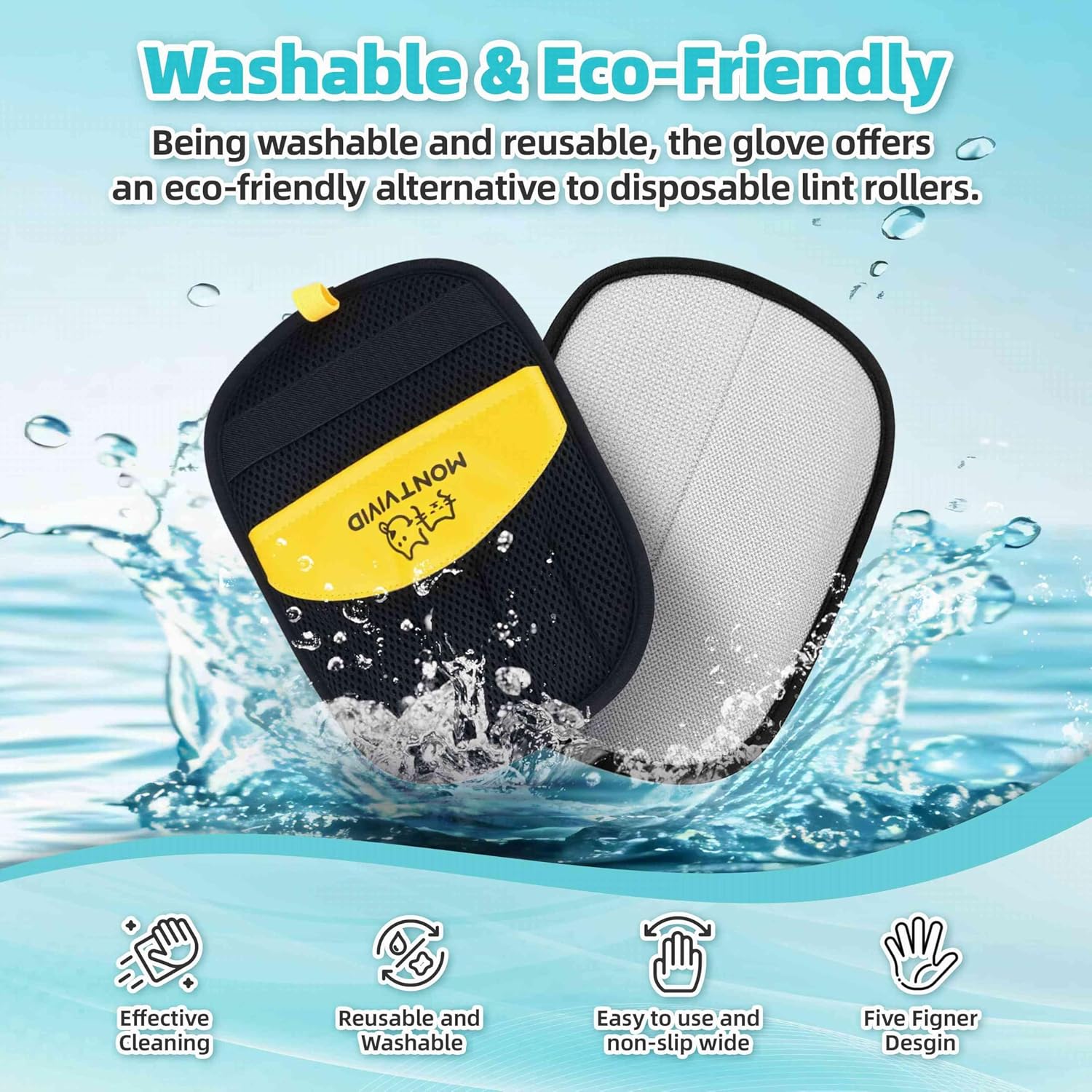 Side profile of reusable pet hair glove showing wrist strap design