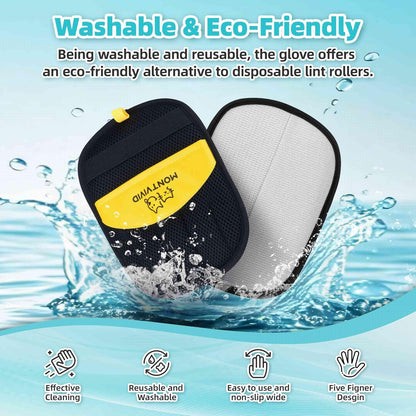 Side profile of reusable pet hair glove showing wrist strap design