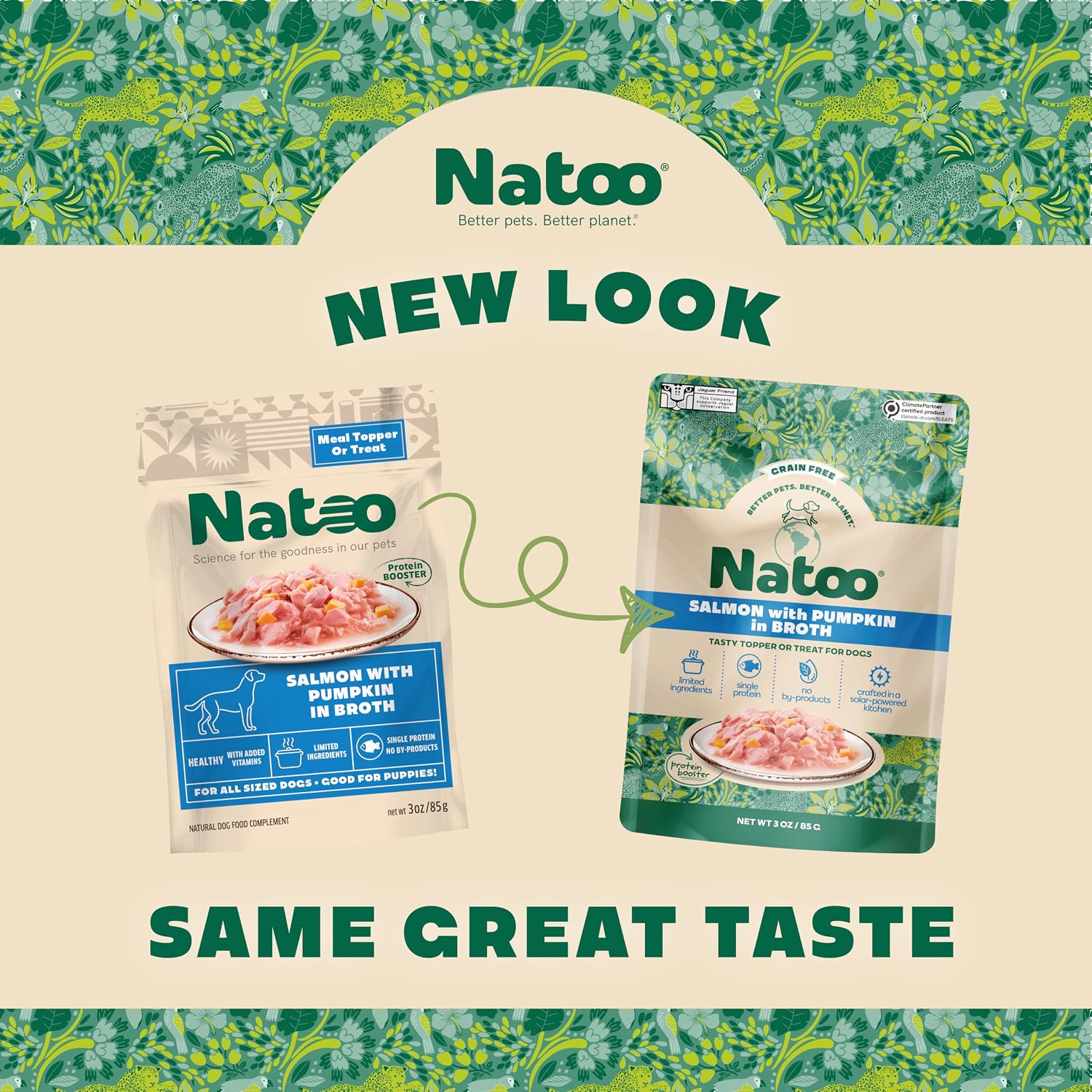 NATOO limited ingredient wet dog treat pouch displaying salmon and pumpkin flavor details clearly.