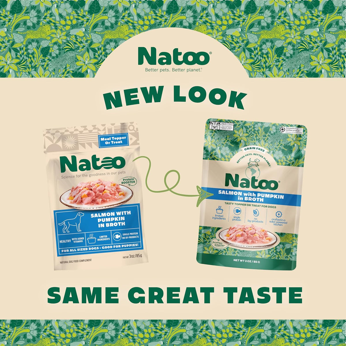 NATOO limited ingredient wet dog treat pouch displaying salmon and pumpkin flavor details clearly.