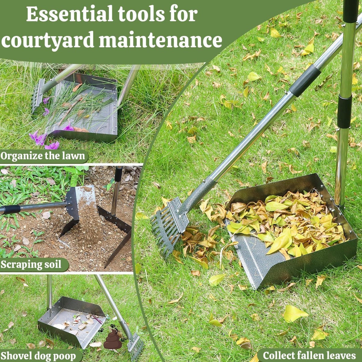 Adjustable forty eight inch long pole pet waste scooper for lawns.