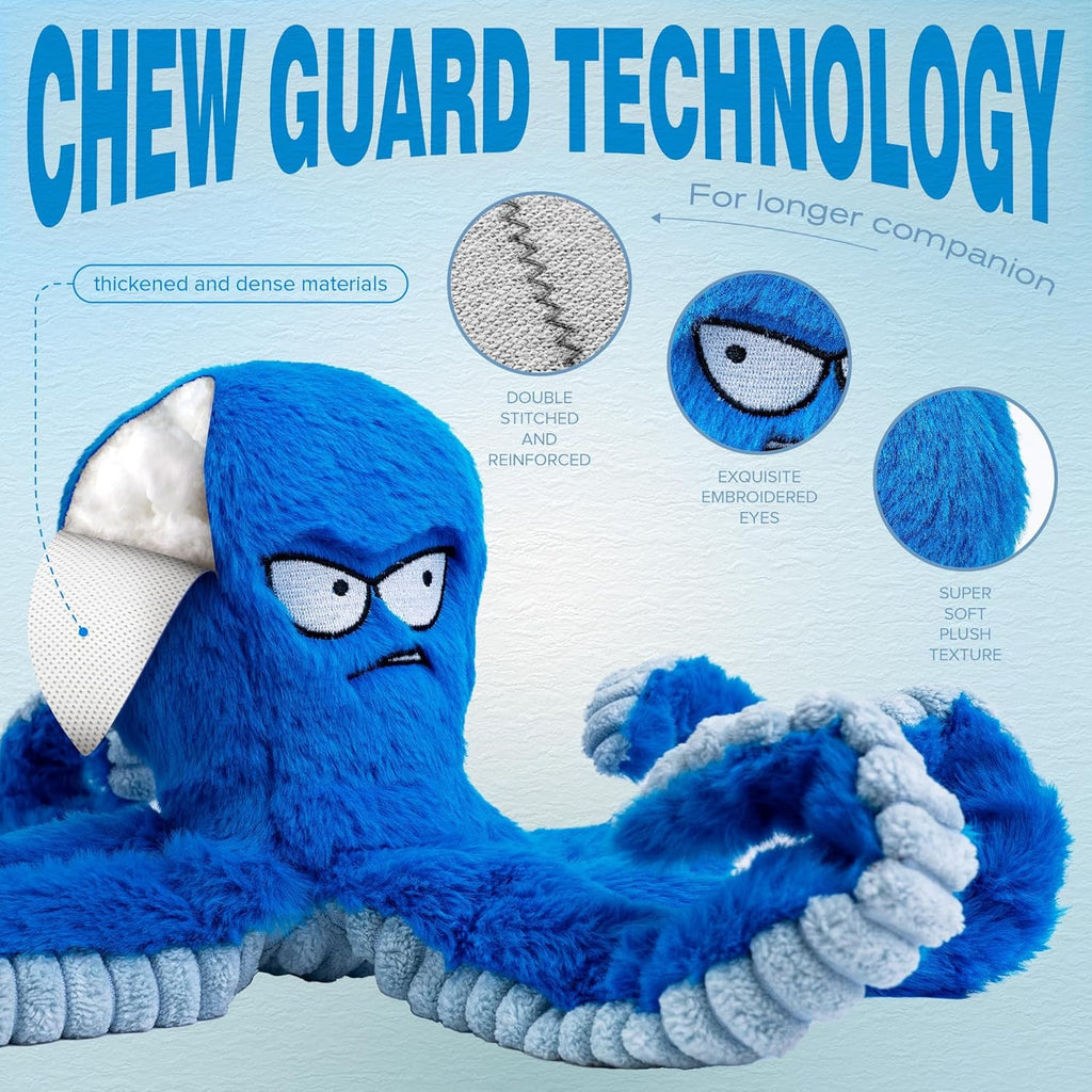 LEGEND SANDY blue octopus stuffed chew toy highlighting internal waterproof lining technology