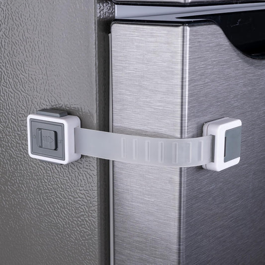 HomeBrella Child Proof Fridge Lock front view showing the dual-button latch on a white refrigerator door.