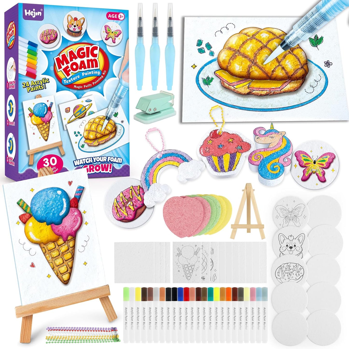 HEJIN 70-piece magic foam texture painting kit front view showcasing the packaging and included markers.