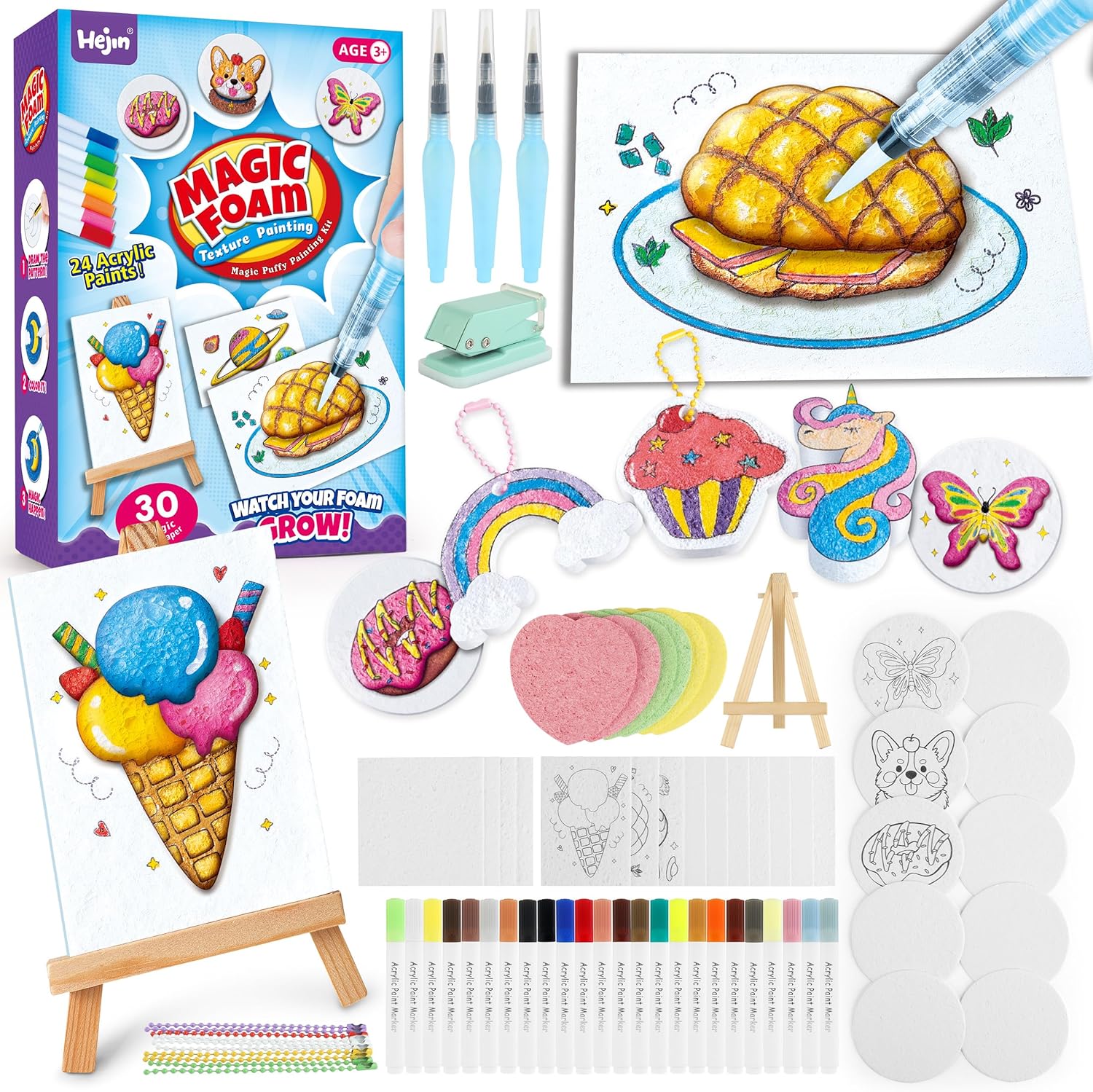HEJIN 70-piece magic foam texture painting kit front view showcasing the packaging and included markers.