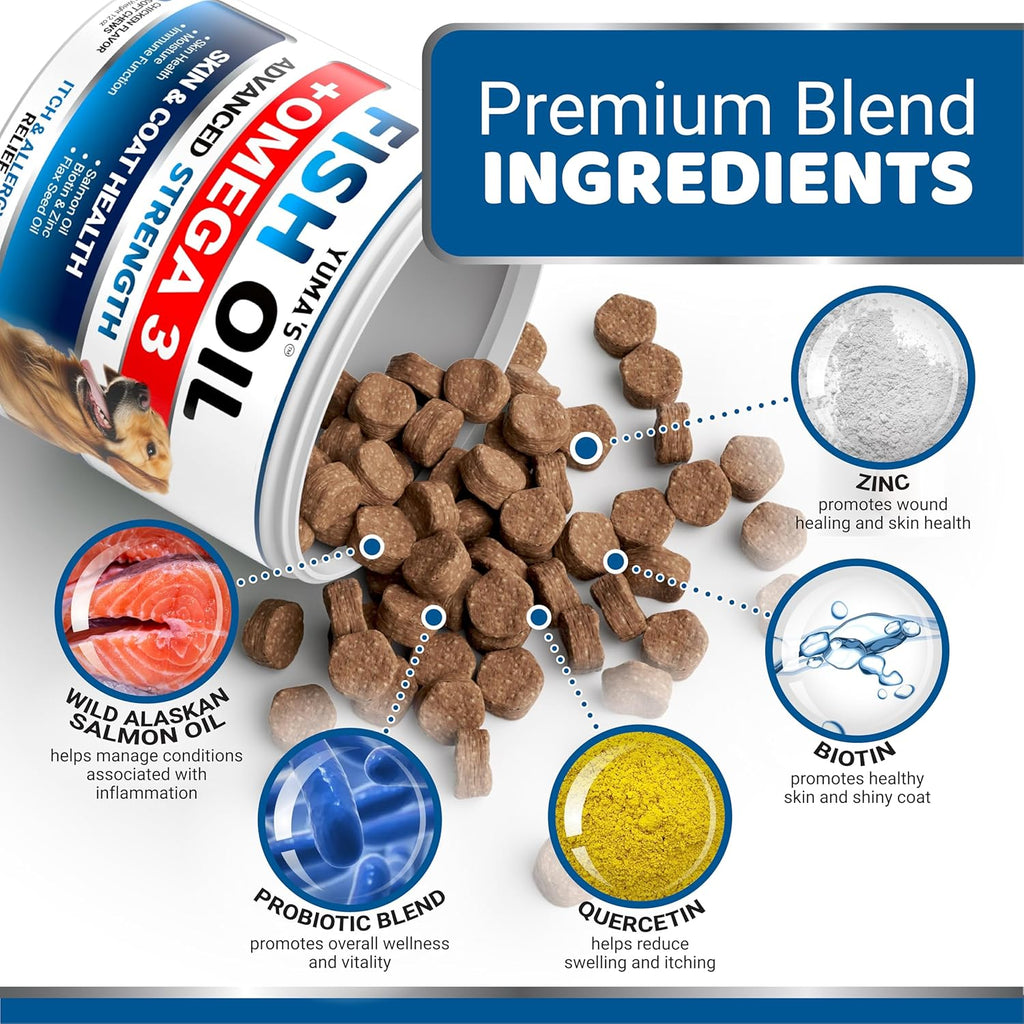 Salmon oil and biotin skin supplement for dogs back label view.