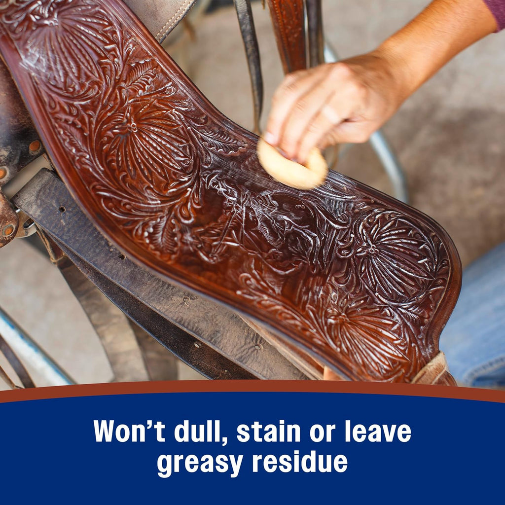 Applying leather cleaner spray to equestrian bridle