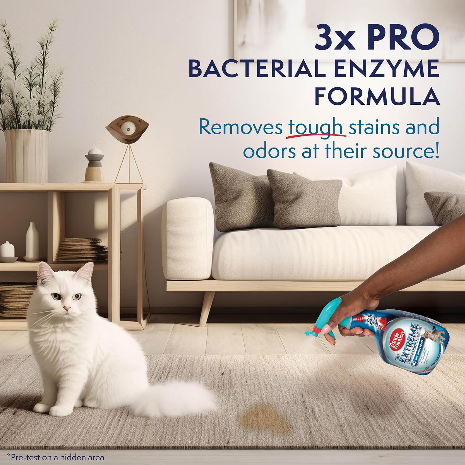 Pet friendly odor neutralizer and stain eliminator spray bottle on a neutral background