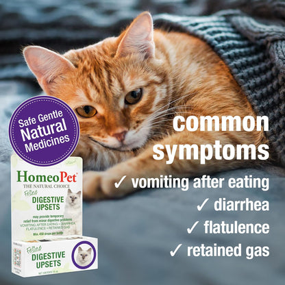HomeoPet natural feline digestive drops ingredients list on back of packaging