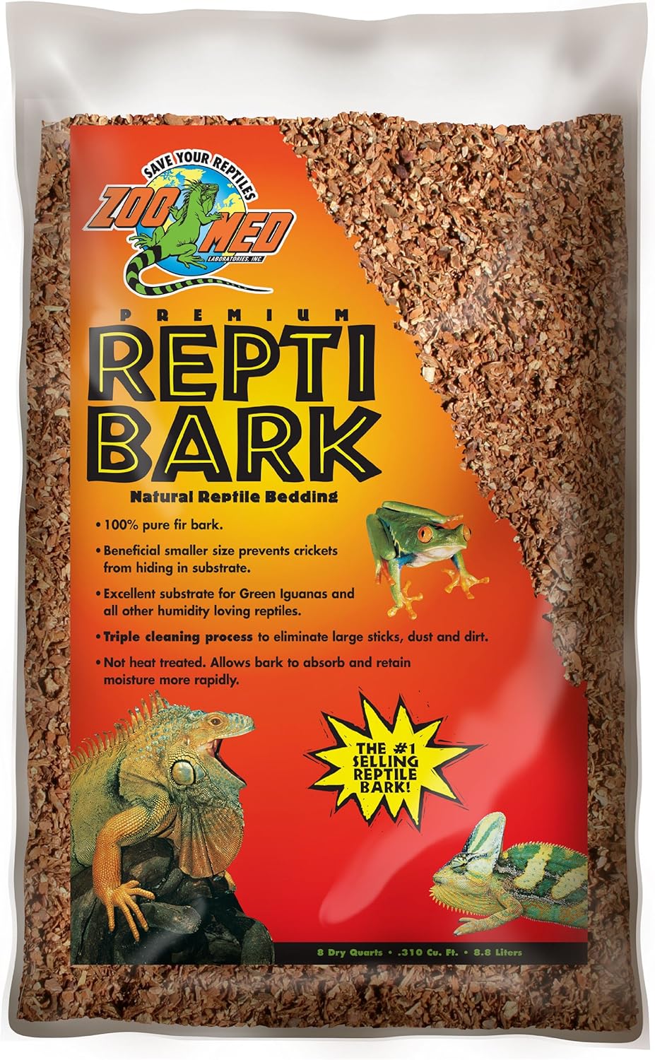 Zoo Med Reptile Bark Fir Bedding 8 Quarts front view of the premium substrate bag.