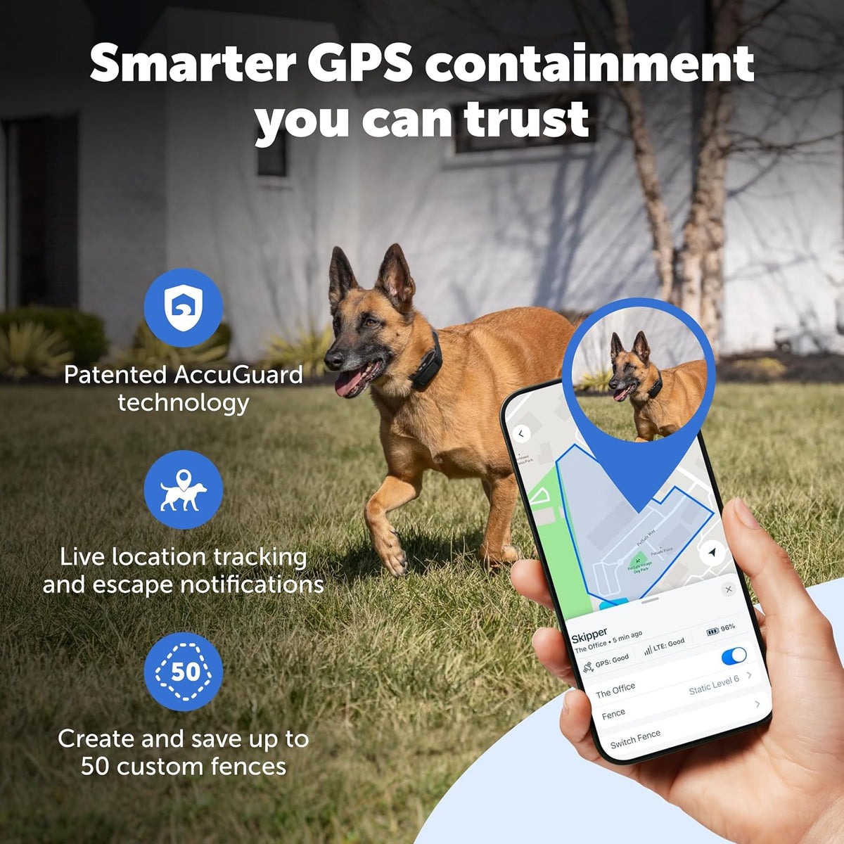 Waterproof dual frequency GPS pet containment collar displaying the charging ports and contact points.