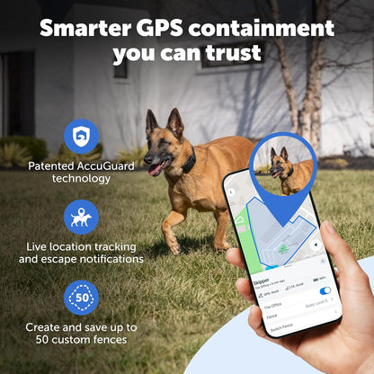 Waterproof dual frequency GPS pet containment collar displaying the charging ports and contact points.