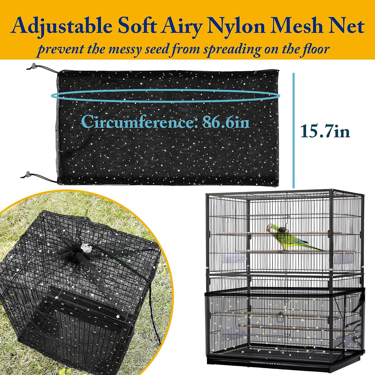Pet bird cage night cover with roll up front panel and mesh window