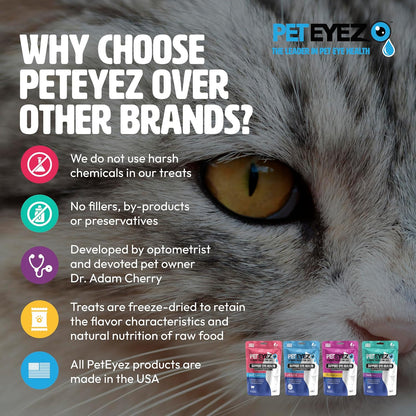 Premium imported PetEyez ocular wellness daily supplements for domestic felines.