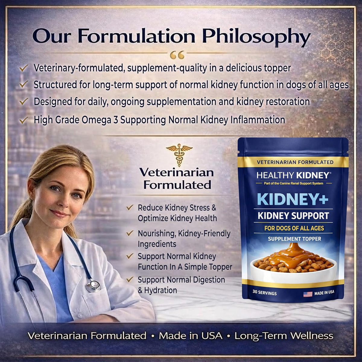 Premium renal support dog meal mixer being poured onto a pet bowl