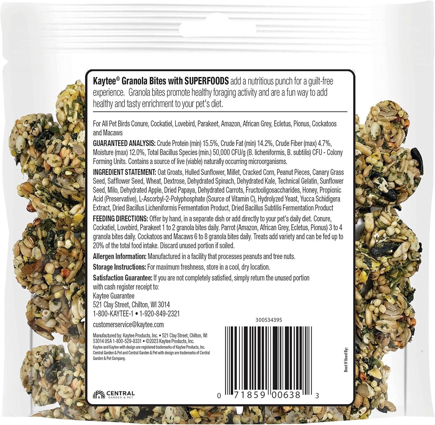 Kaytee pet bird treats bag showing spinach and kale ingredients