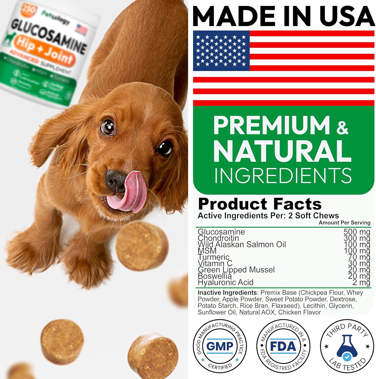 Petsology glucosamine soft chews dosage instruction graphic