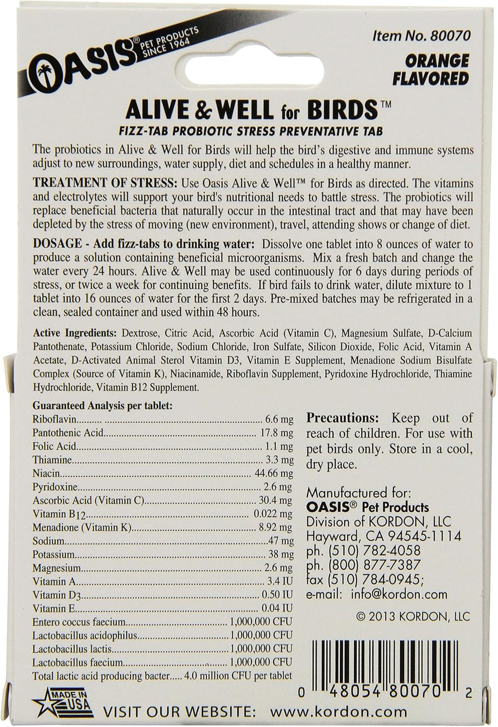 Oasis bird stress preventative supplement packaging details