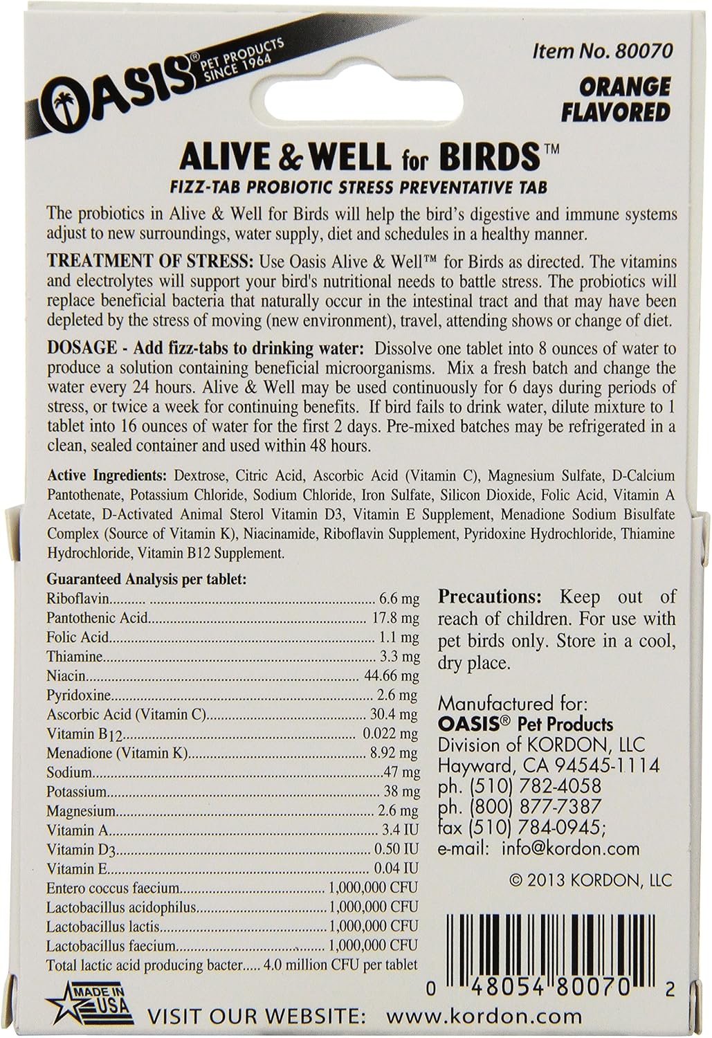 Oasis bird stress preventative effervescent water dissolving tablets
